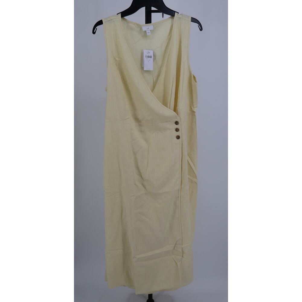 NEW J.Jill Button Wrap Dress Yellow Midi Sleeveless V Neck Linen Blend Size L - Picture 2 of 5